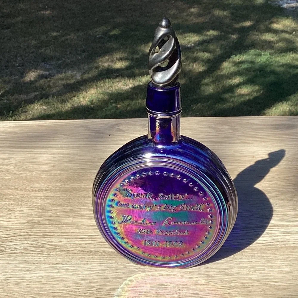 Theodore Roosevelt‎ Commemorative Blue Iridescent Glass Decanter 26th President